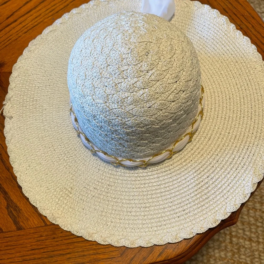 Marcus Adler White Packable Floppy Sun Hat Beach Scarf Trim Wide Brim One Size